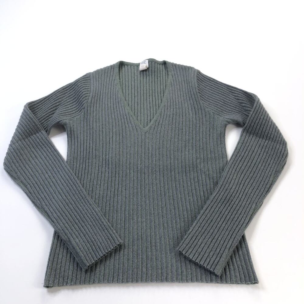 TSE Cashmere Blend Women Medium Deep V-Neck Ribbed Pullover Sweater Green Gray